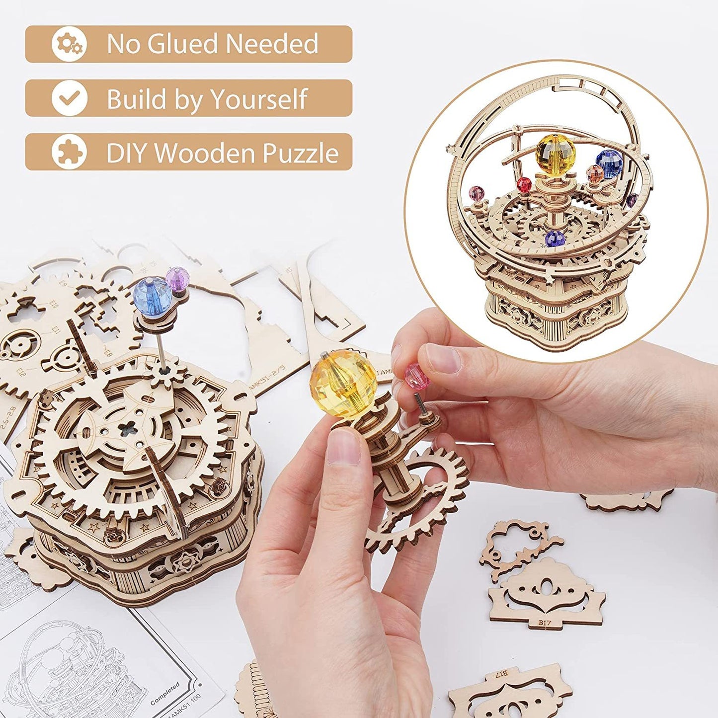 Rotating Starry Night Music Box 3D Wooden Puzzle Assembly Model For Kids -