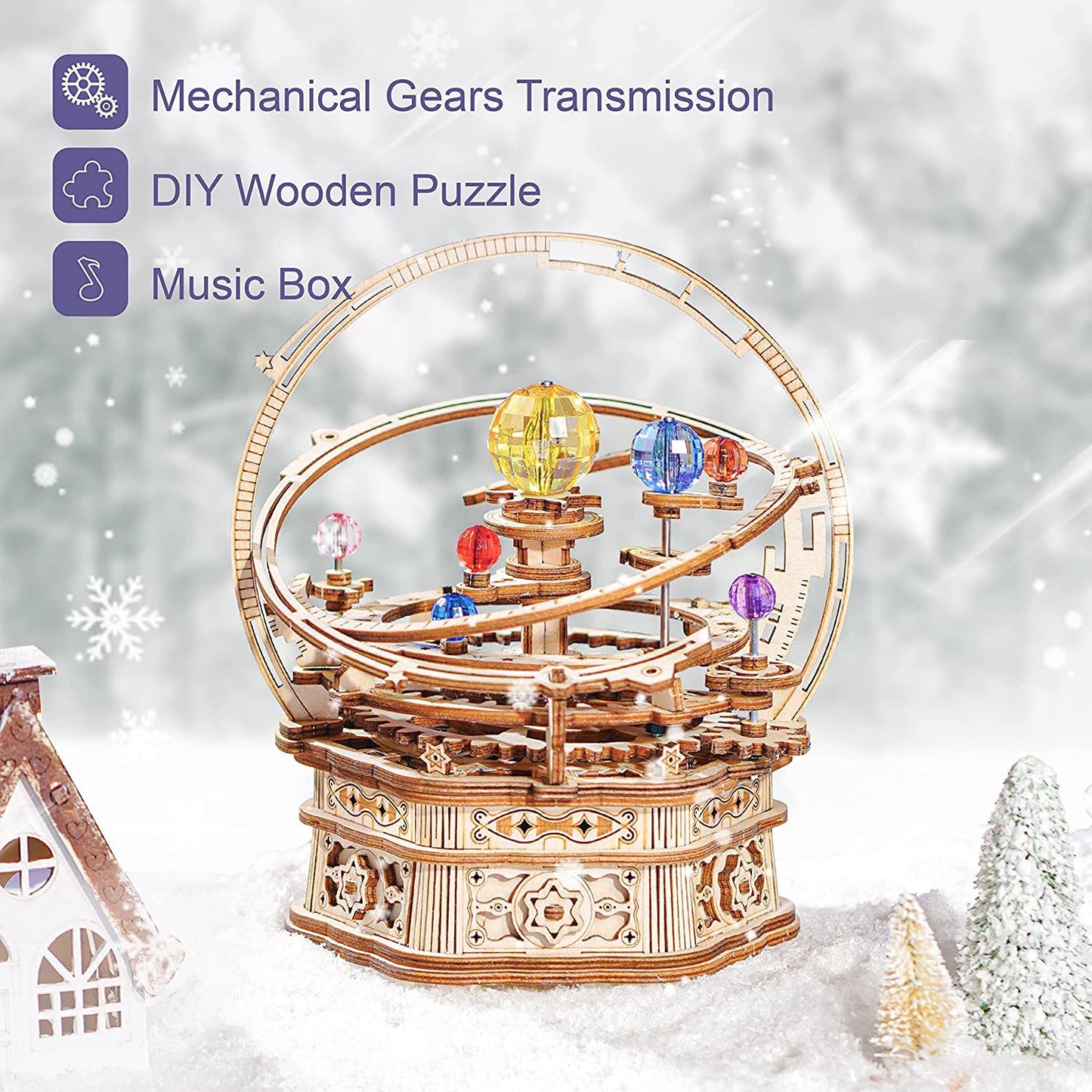 Rotating Starry Night Music Box 3D Wooden Puzzle Assembly Model For Kids -