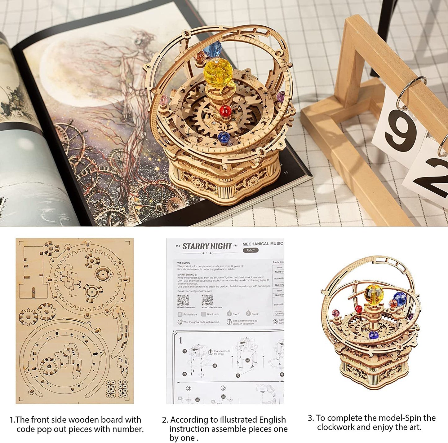 Boîte à musique rotative nuit étoilée, Puzzle 3D en bois, modèle d'assemblage pour enfants