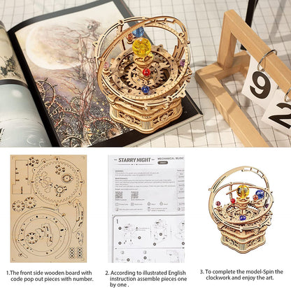 Rotating Starry Night Music Box 3D Wooden Puzzle Assembly Model For Kids -