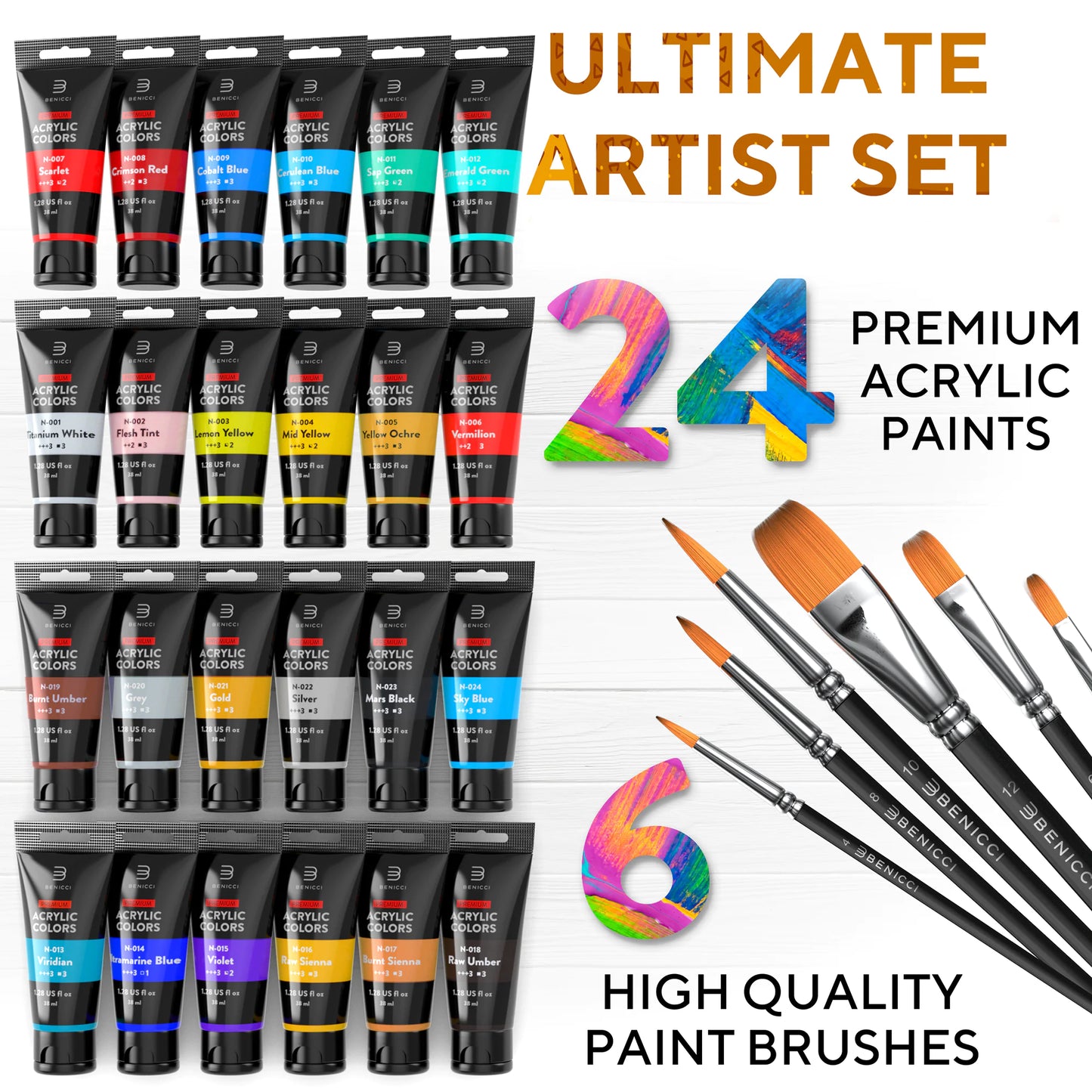 Premium Quality Acrylic Paint Set 24 Colors - (1.28oz, 38ml) - with 6 Nylon Brushes - Safe for Kids & Adults - Perfect Kit for Beginners, Pros & Artists to Create Amazing Paintings and Artwork