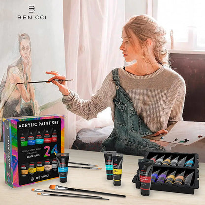 Premium Quality Acrylic Paint Set 24 Colors - (1.28oz, 38ml) - with 6 Nylon Brushes - Safe for Kids & Adults - Perfect Kit for Beginners, Pros & Artists to Create Amazing Paintings and Artwork