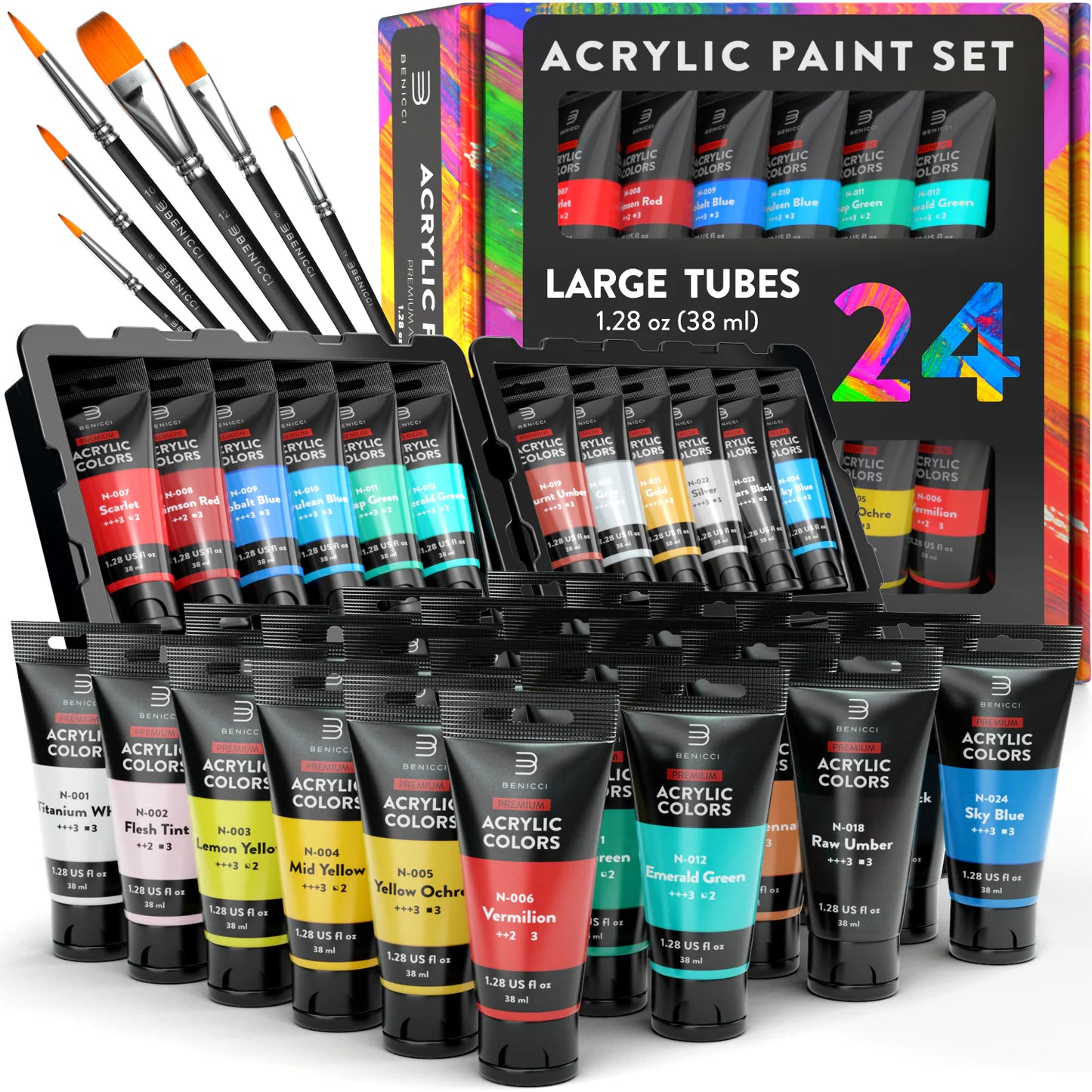 Premium Quality Acrylic Paint Set 24 Colors - (1.28oz, 38ml) - with 6 Nylon Brushes - Safe for Kids & Adults - Perfect Kit for Beginners, Pros & Artists to Create Amazing Paintings and Artwork