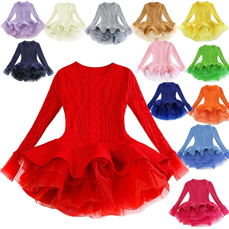 Kids Winter Knitted Chiffon Dress.